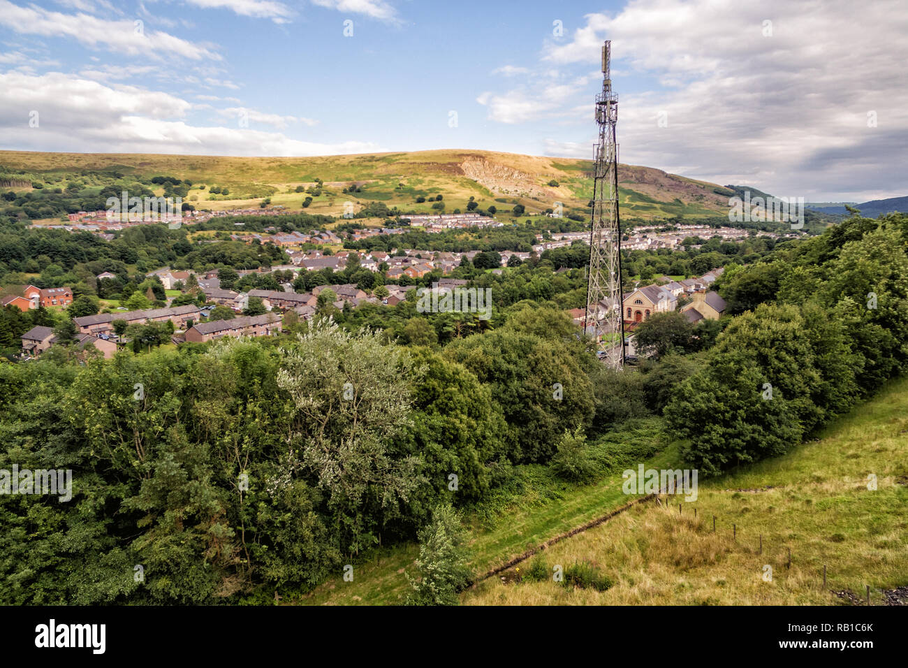 Telecommunications tower. Mobile phone and TV base station in a Small Welsh Town Blaina Stock Photo