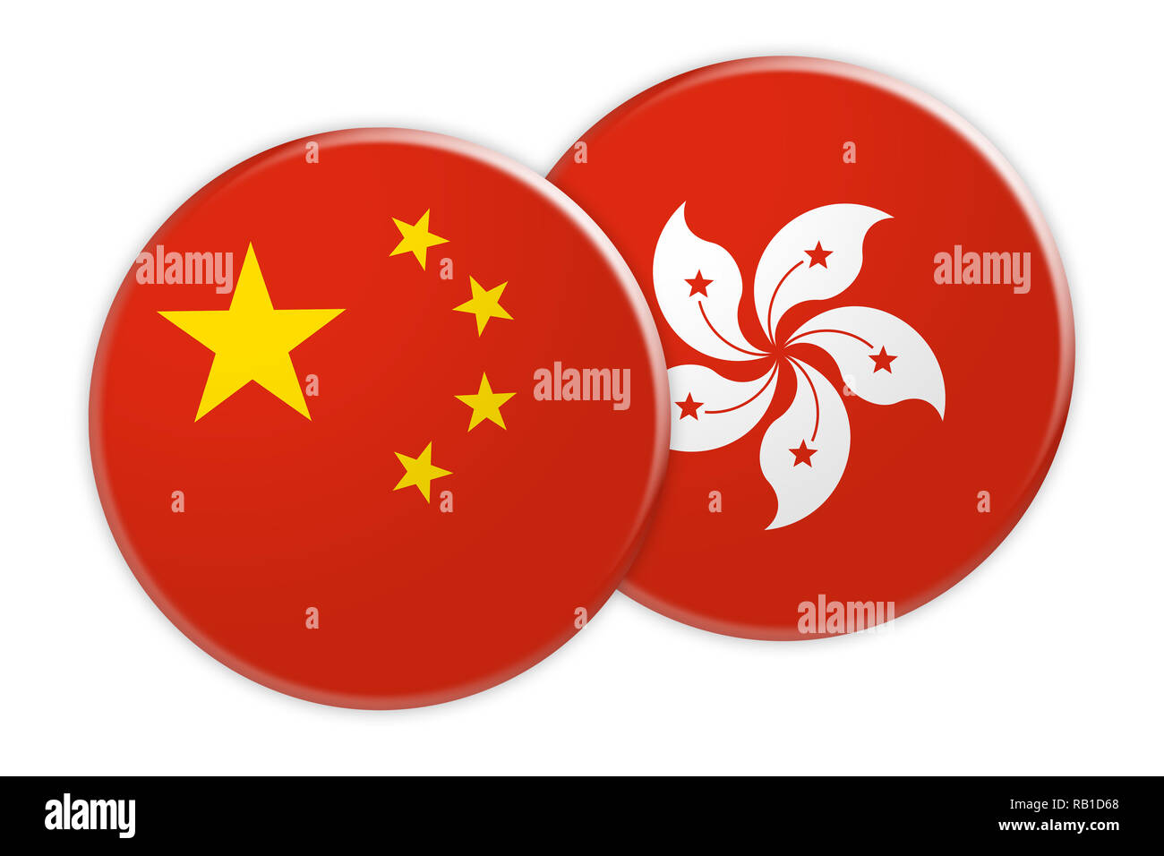 News Concept: China Flag Button On Hong Kong Flag Button, 3d illustration on white background Stock Photo