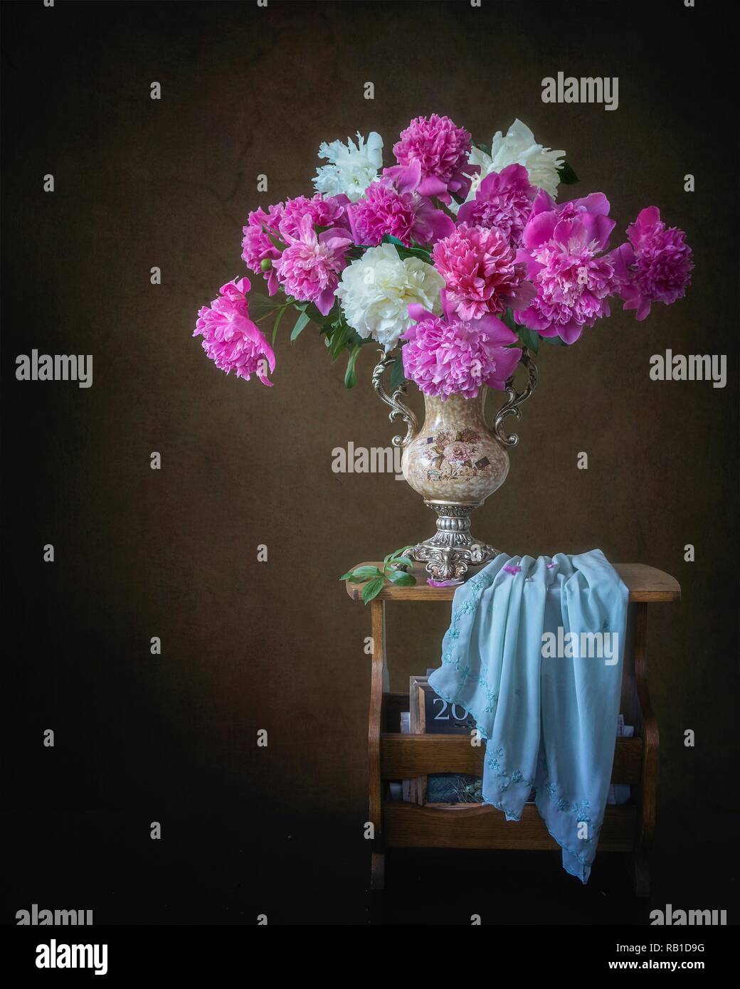 Still life with bouquet of peonies Stock Photo - Alamy
