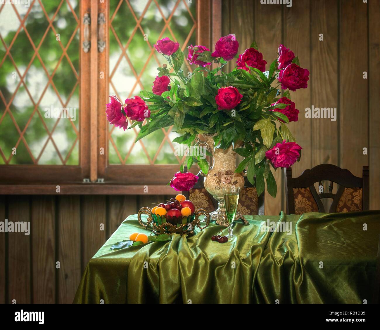 Still life with bouquet of peonies Stock Photo - Alamy