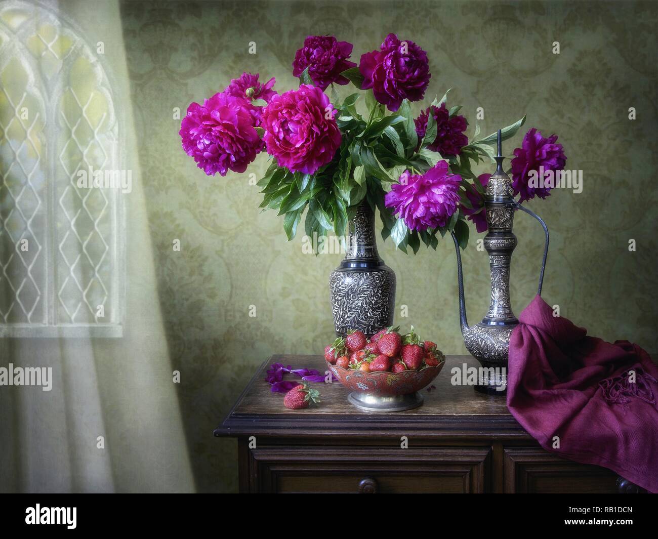 Still life with bouquet of peonies Stock Photo - Alamy