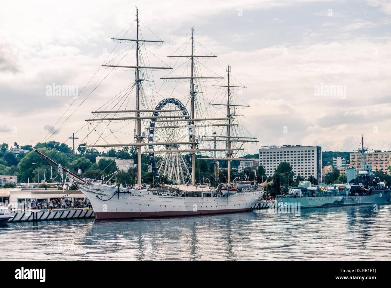 Gdynia, Poland, August 25, 2018; Sail frigate 'Dar Pomorza' and warship 'Blyslawica' destroyer from II WW period docked at wharf. Stock Photo