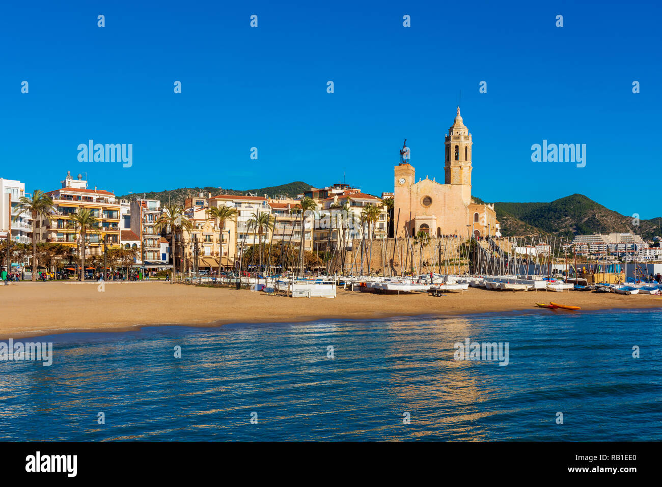 View on the coastal village of Sitges, Catalonia, Spain Stock Photo