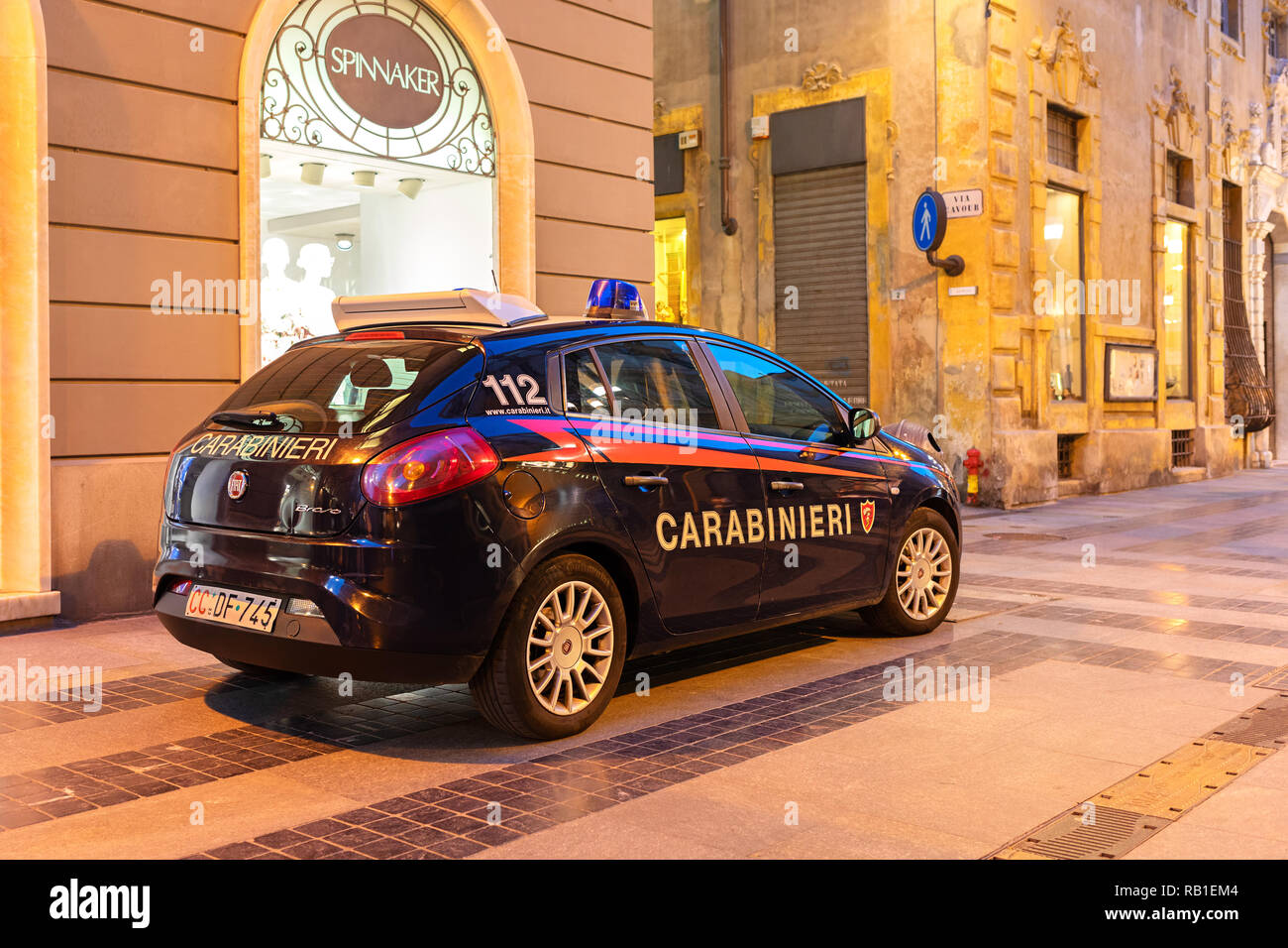 San Remo, Italy – June 24, 2018: Carabinieri car (Fiat Bravo) of Italian municipal police parked at entrance of pedestrian Corso Matteotti street for  Stock Photo