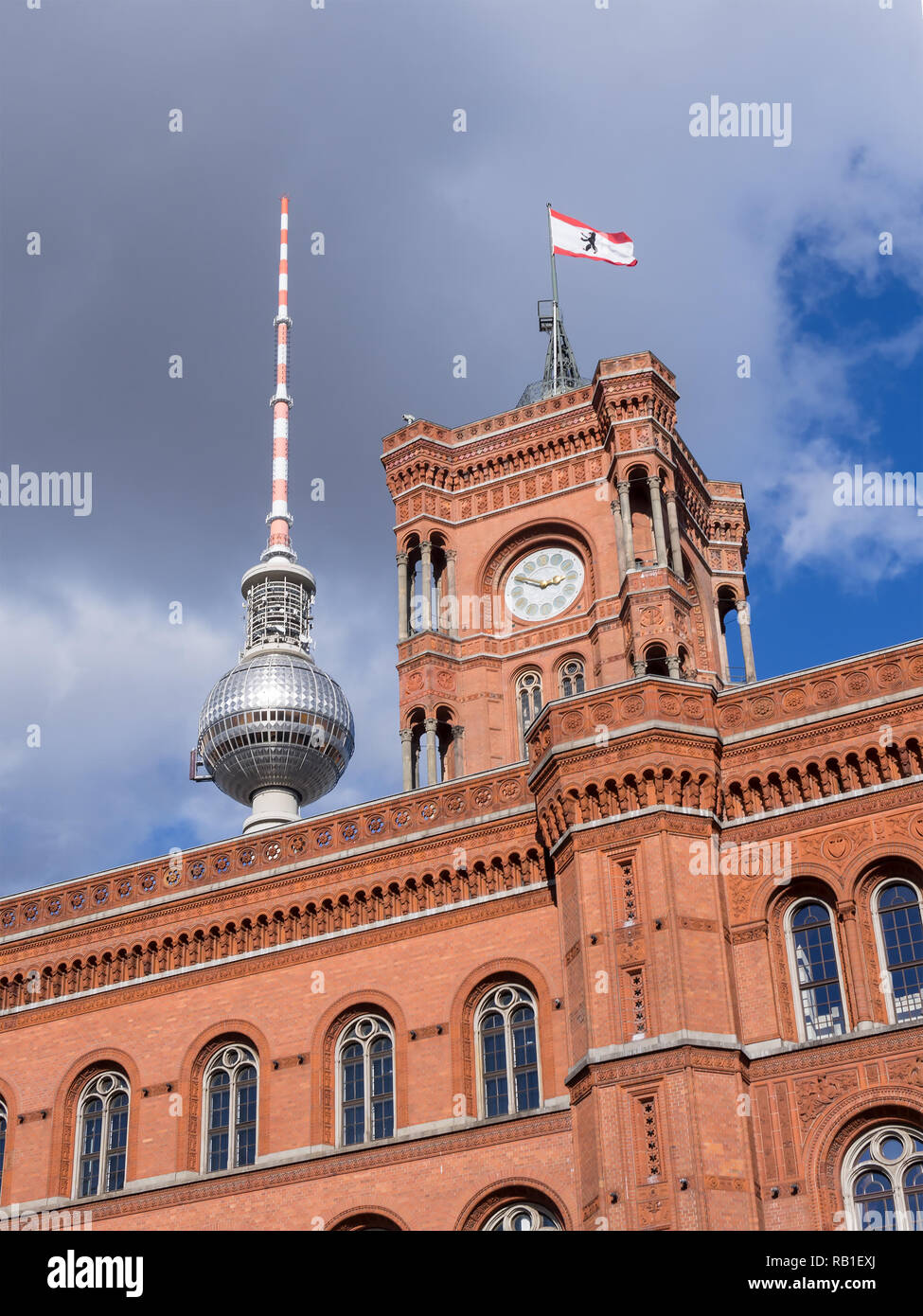 BERLIN, GERMANY - OCTOBER 8, 2017: Famous Rotes Rathaus, Meaning Red City Hall In German Language, With TV Tower In The Background In Berlin Stock Photo