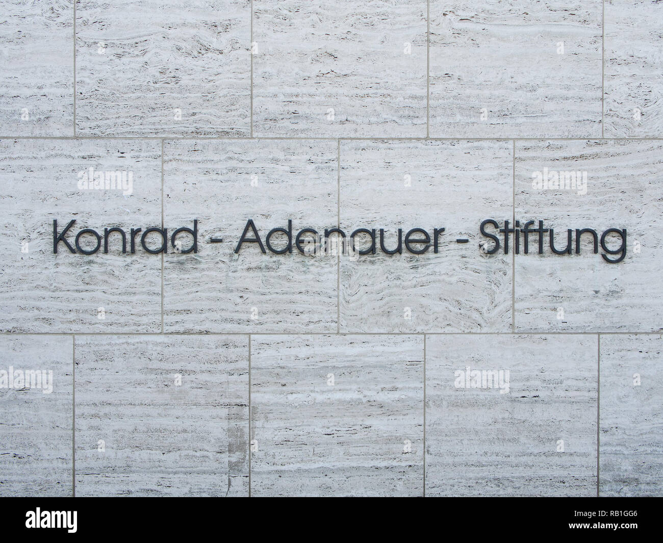 BERLIN, GERMANY - SEPTEMBER 6, 2016: Lettering Konrad-Adenauer-Stiftung, German political party foundation associated with the Christian Democratic Union (CDU) Stock Photo