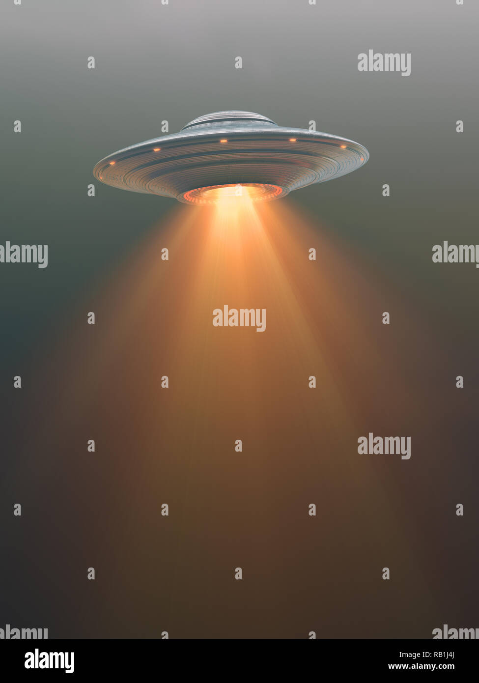 Unidentified flying object with propulsion tail. Your text over the tail of the rocket. 3D illustration. Stock Photo