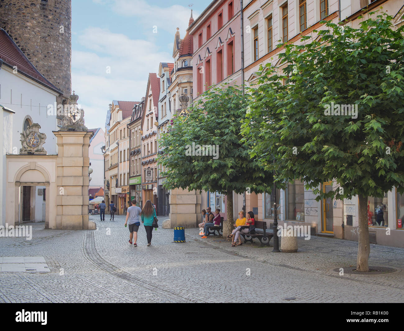 JELENIA GORA, POLAND - AUGUST 19, 2016: Tourists At The Historic City Gate in Downtown in Jelenia Gora, Poland Stock Photo