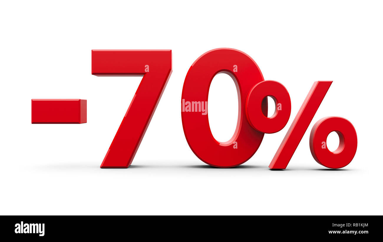Red minus seventy percent sign isolated on white background, three-dimensional rendering, 3D illustration Stock Photo