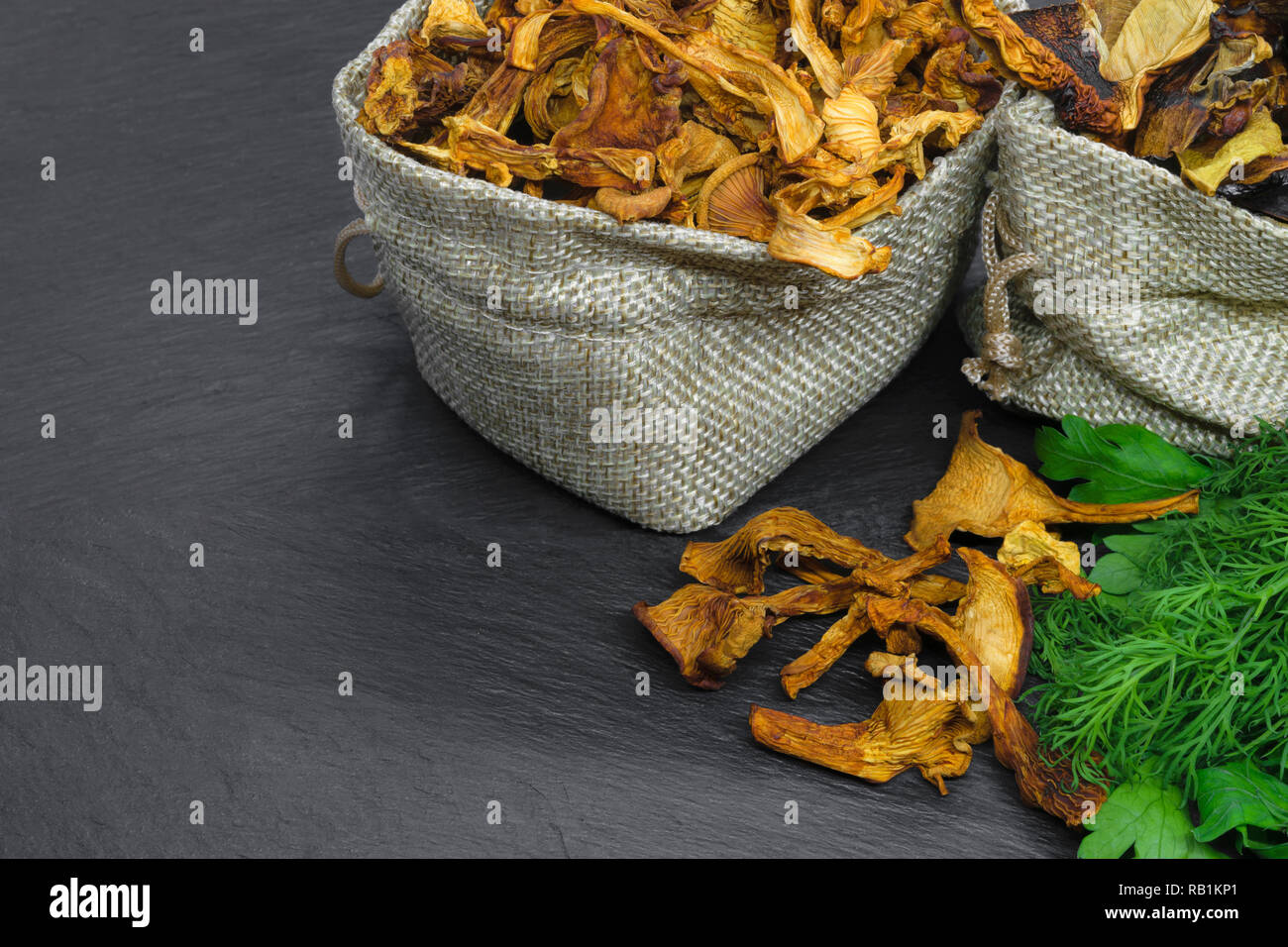 Composition of dry boletus and chanterelles mushrooms placed in canvas bags with dill and parsley broom on black stone background surface with copy sp Stock Photo
