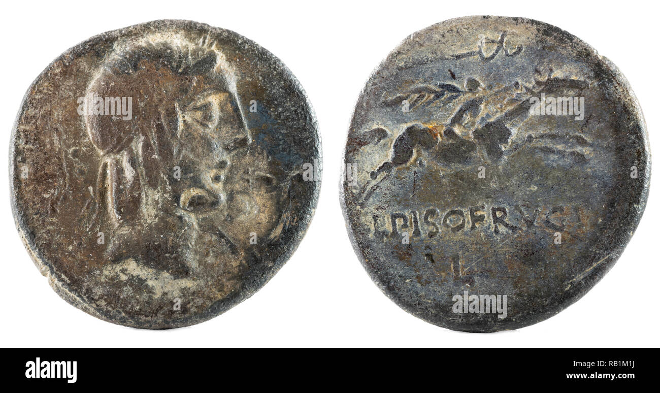 Roman Republic Coin. Ancient Roman silver denarius of the family Calpurnia. Stock Photo