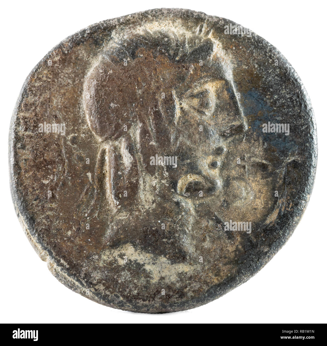 Roman Republic Coin. Ancient Roman silver denarius of the family Calpurnia. Obverse. Stock Photo
