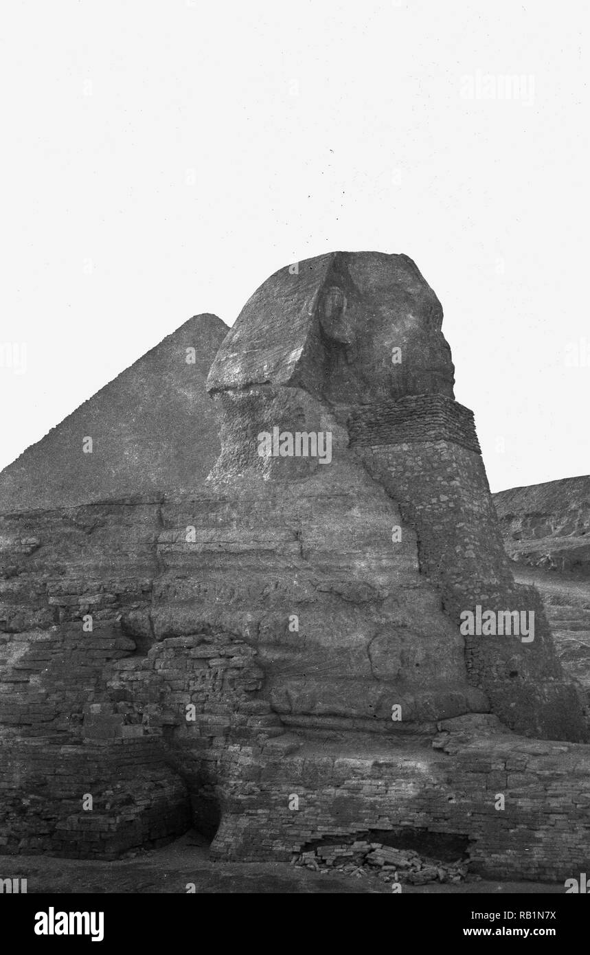 1950s, Egypt, a sphinx, remains of in the desert with pyramid behind. The Sphinx is a statue carved from limestne rock depicting a mythical creature, with body of alion and the head of a human. Stock Photo