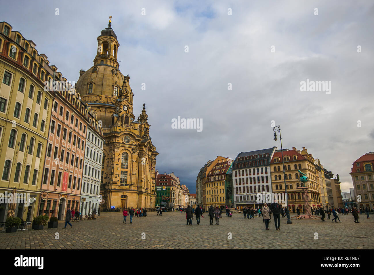 DRESDEN, GERMANY - JANUARY 1, 2019: Travel in Germany - elegant baroque Dresden. square Neumarkt with famous Frauenkirche church Stock Photo