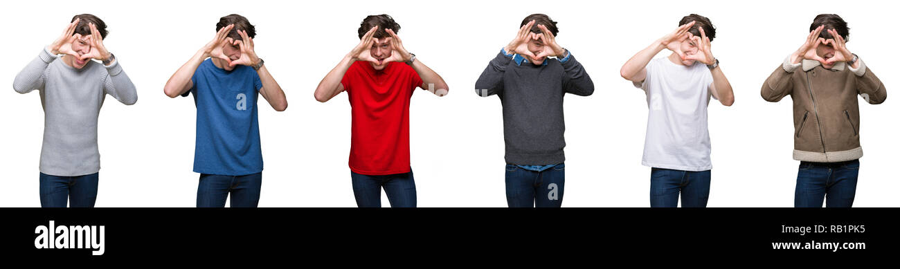 Collage of young man over white isolated background Doing heart shape ...