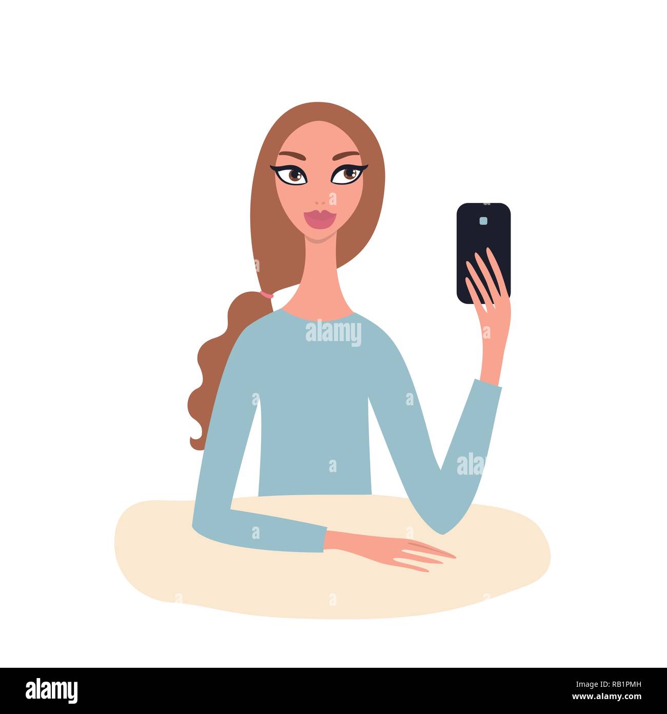 Beautiful Caucasian Girl With Brown Wavy Hair In Ponytale Holding