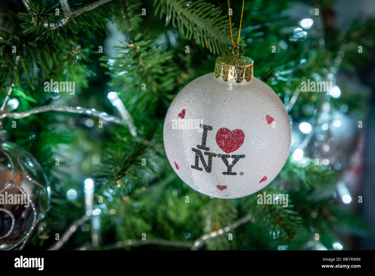 New York christmas tree decoration hanging on a christmas tree Stock