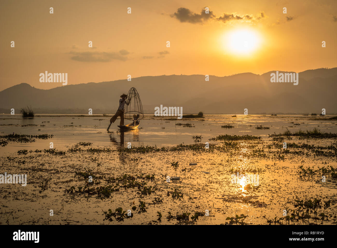 Nice sunrise in Inle Lake of Burma Stock Photo