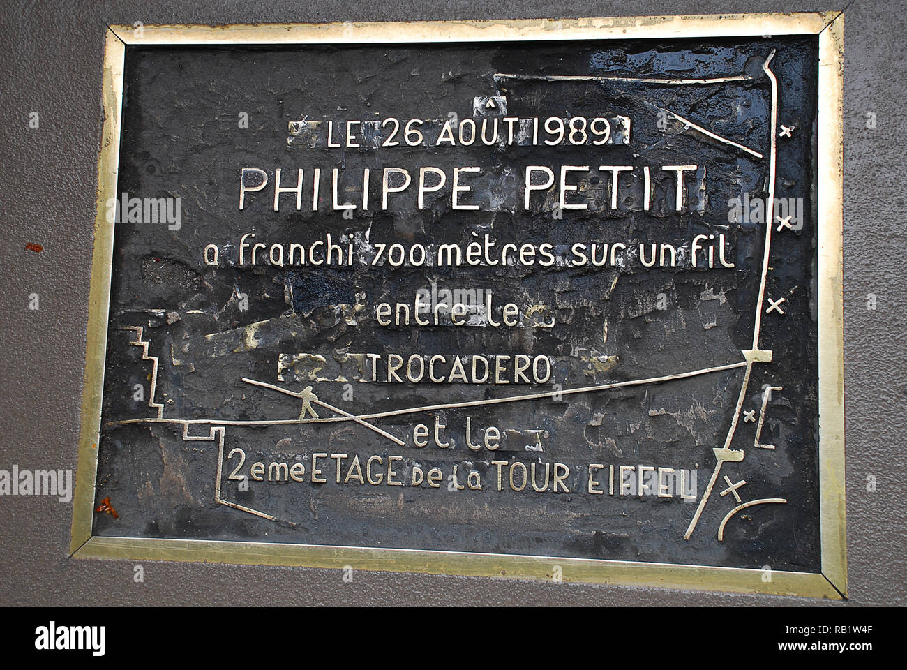 Tour Eiffel - Plaque of Philippe Petit. Philippe Petit is a French high-wire artist, commemorative plaque Stock Photo