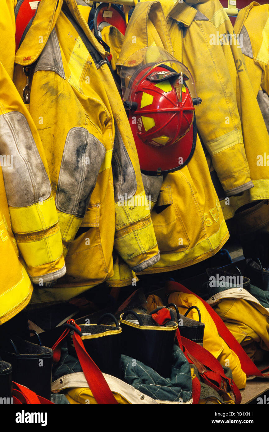 Turnouts in an American Firehouse, USA Stock Photo