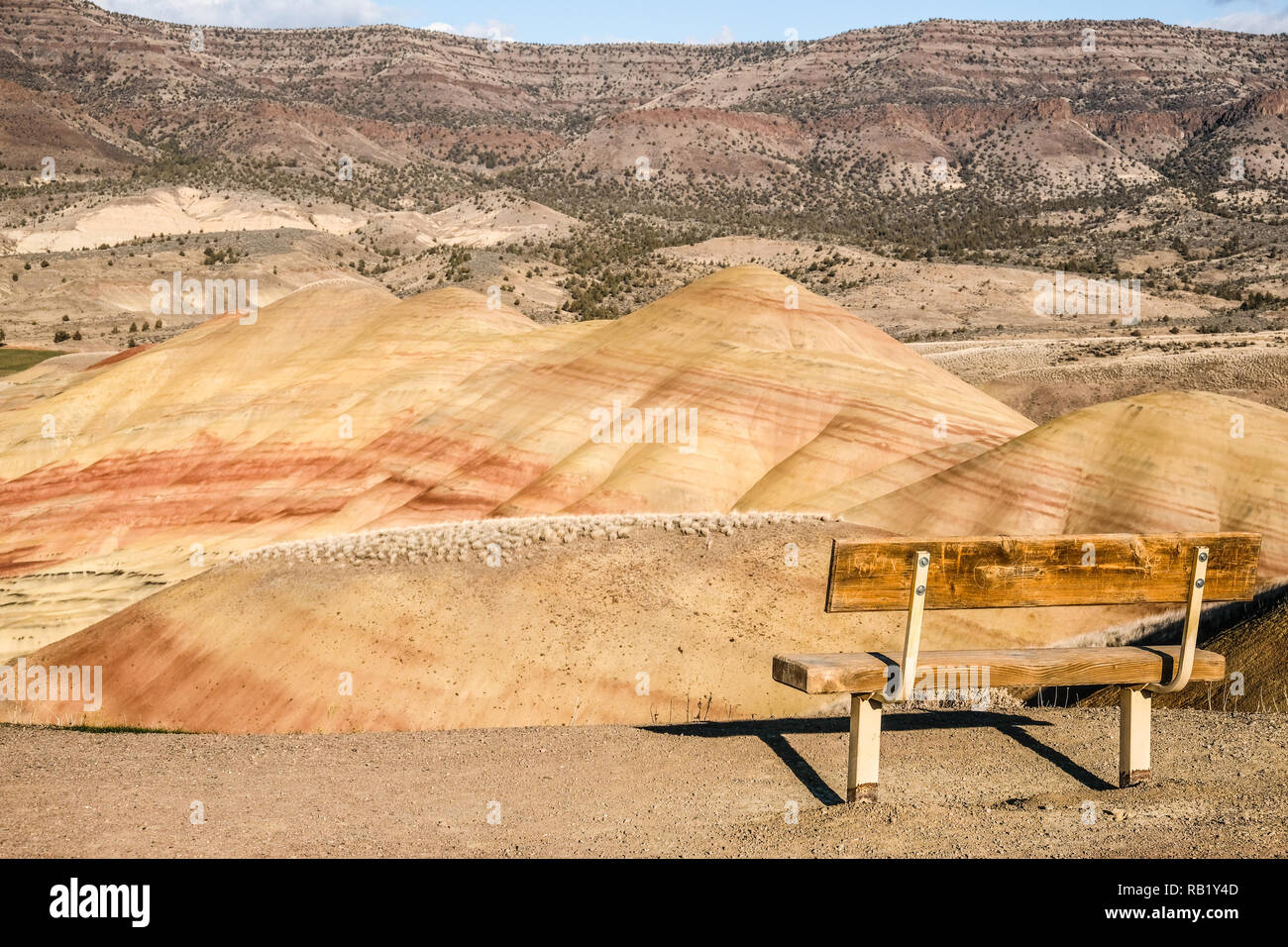 An empty bench at Painted Hills at John Day Fossil Stock Photo