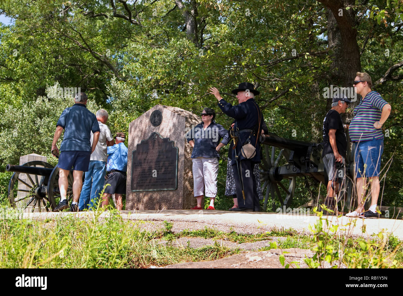 Gettysburg, PA USA. Jul 2015. Official tour guide in reenactment Union officers uniform explaining the tragedy at Gettysburg National Military Park. Stock Photo