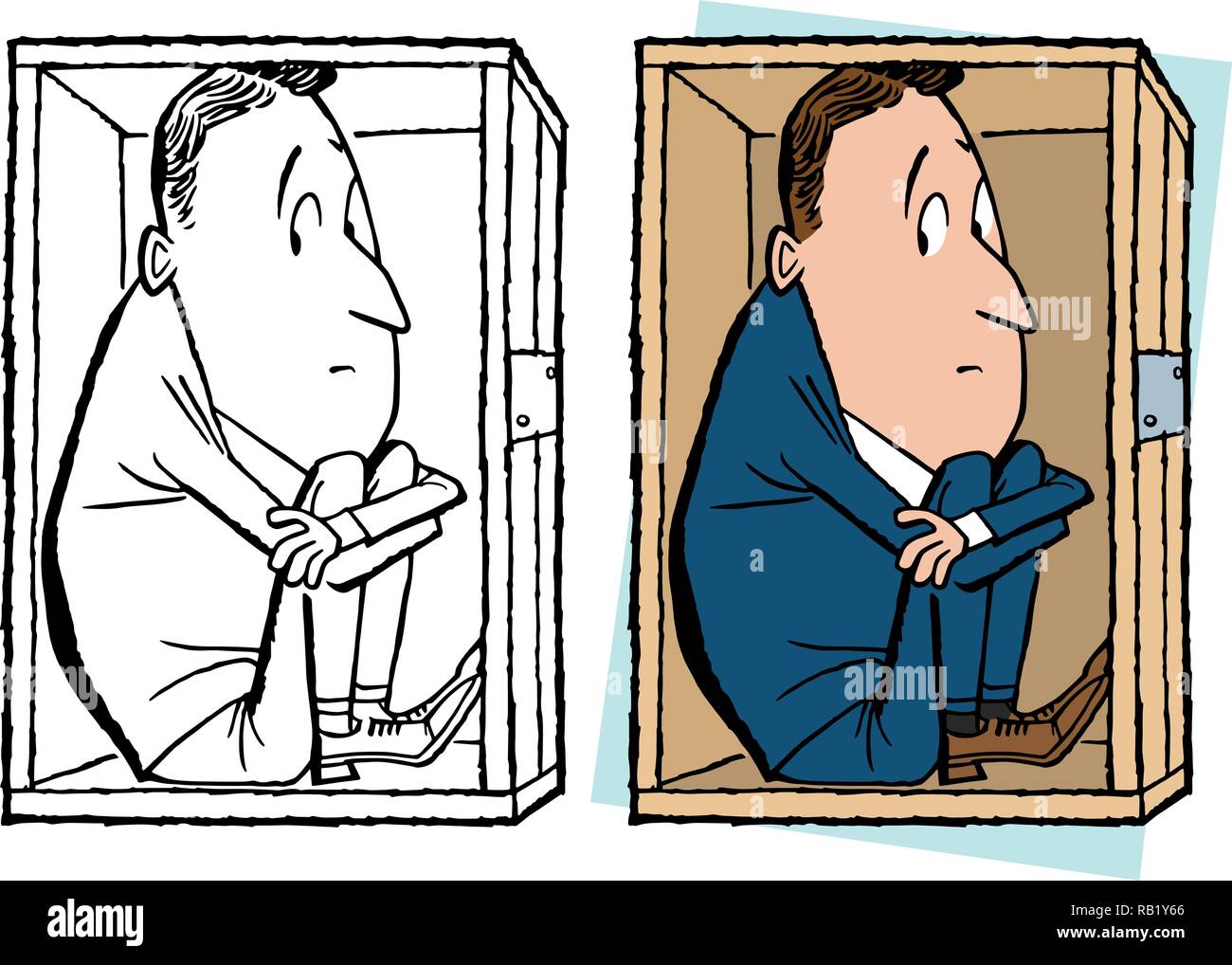 A man trapped in a tight confining box feeling claustrophobic. Stock Vector