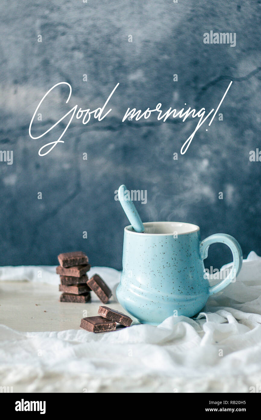 Hot Coffee In A Beautiful Pastel Mug With Chocolate And Fresh Milk