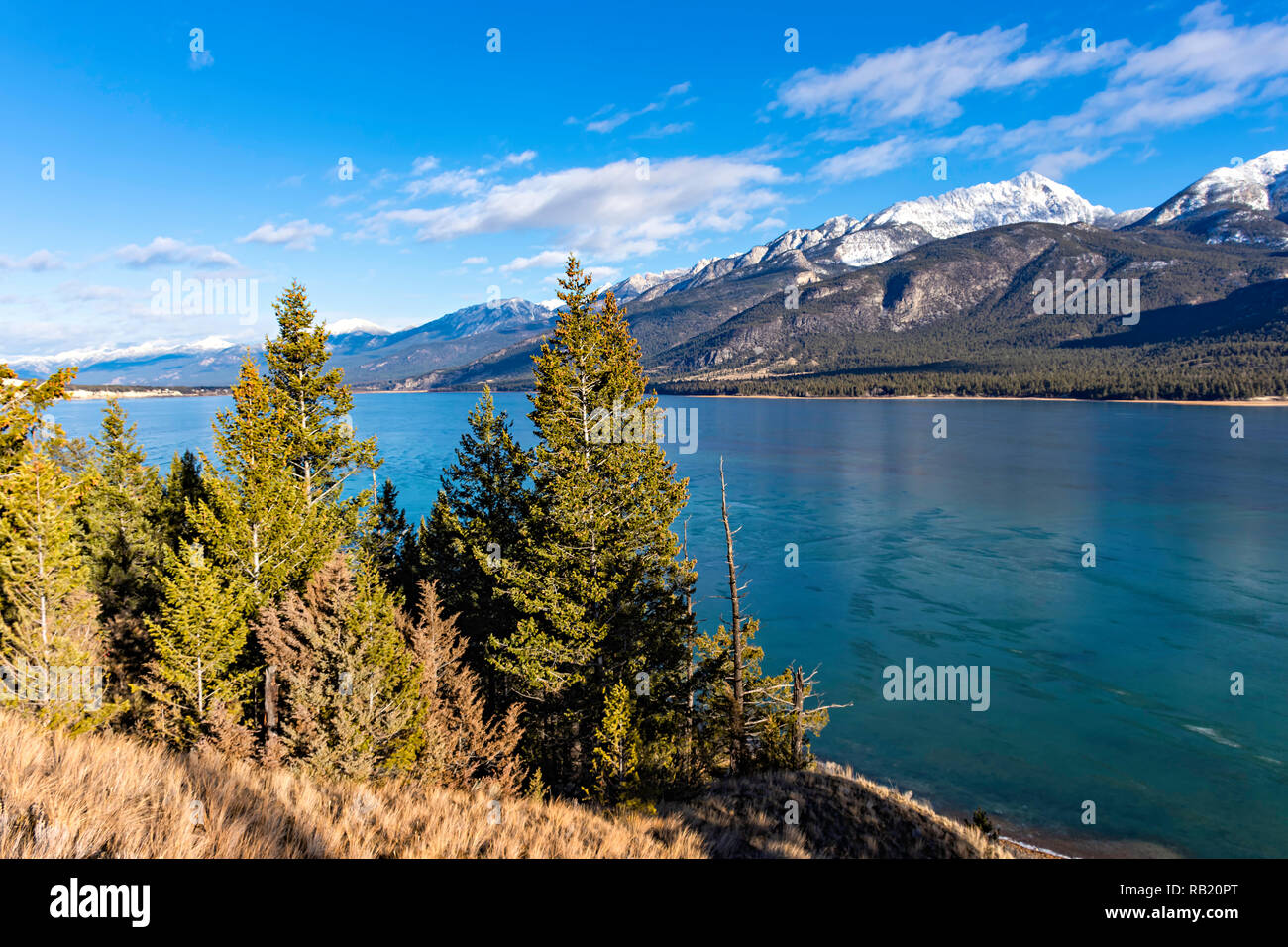 Columbia Lake which is the headwaters of the Columbia River in the East Kootenays near Invermere British Columbia Canada in the early winter Stock Photo