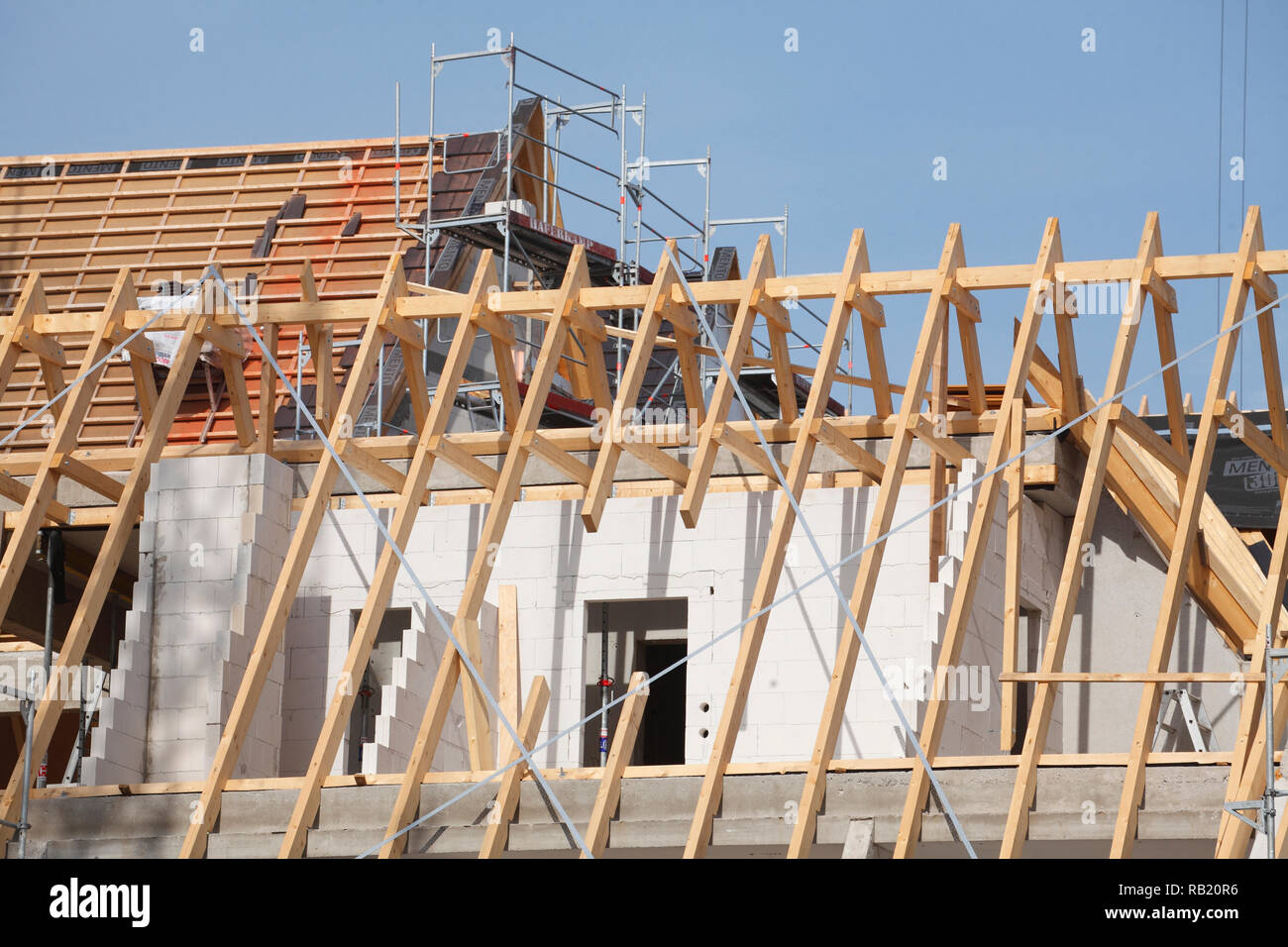 Construction site, roof, roof beams, roof cover Stock Photo