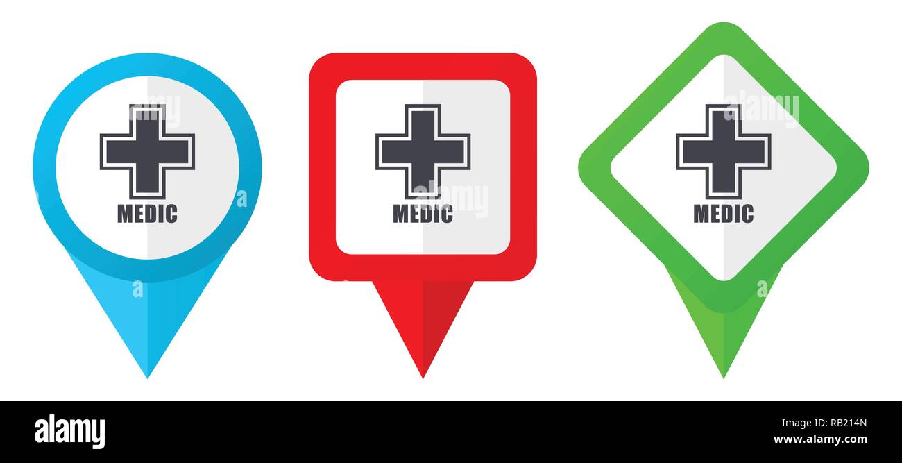Medic red, blue and green vector pointers icons. Set of colorful location markers isolated on white background easy to edit in eps 10 Stock Vector
