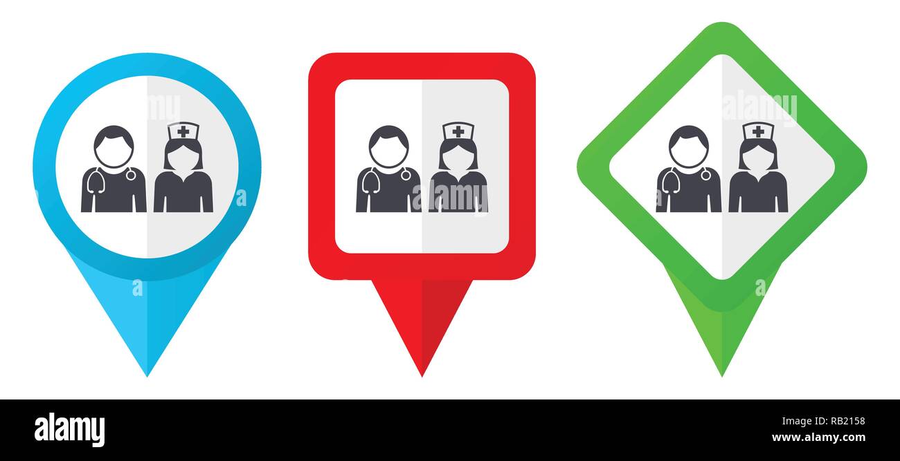 Hospital red, blue and green vector pointers icons. Set of colorful location markers isolated on white background easy to edit in eps 10 Stock Vector