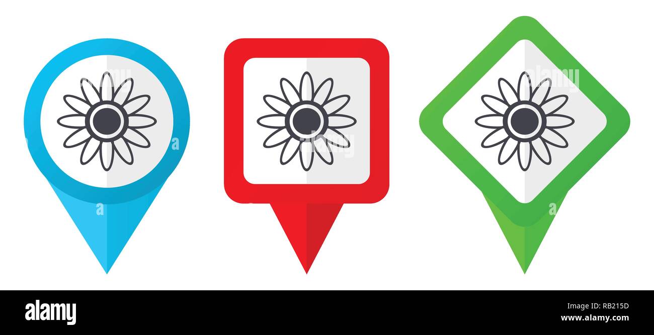 Flower red, blue and green vector pointers icons. Set of colorful location markers isolated on white background easy to edit in eps 10 Stock Vector