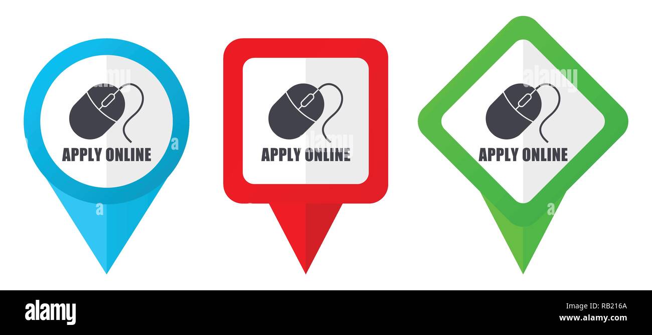Apply online red, blue and green vector pointers icons. Set of colorful location markers isolated on white background easy to edit in eps 10 Stock Vector