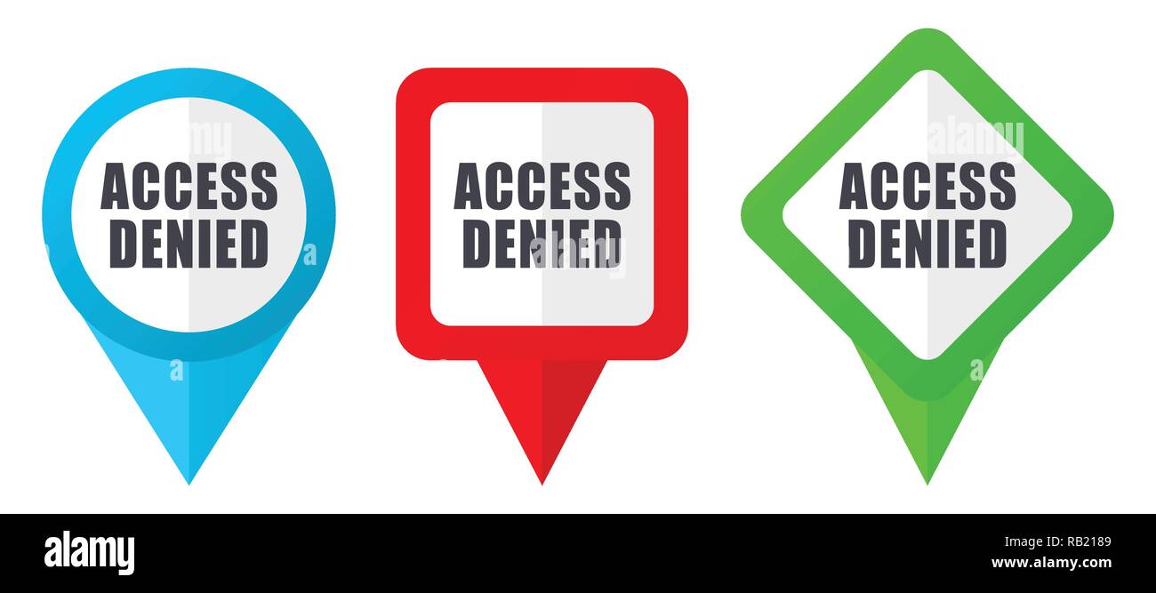 Access denied red, blue and green vector pointers icons. Set of colorful location markers isolated on white background easy to edit in eps 10 Stock Vector
