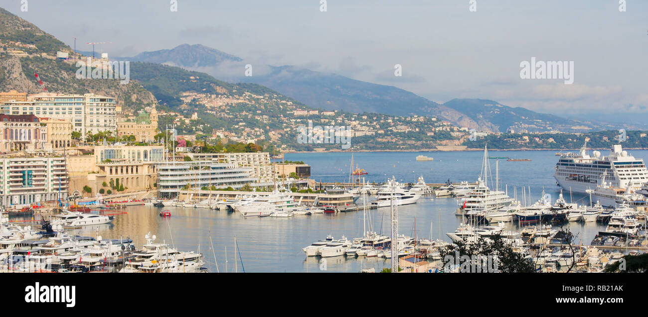 View from Le Rocher on Luxury Yachts in the Port of the Principality of Monaco, at the French Riveira. Stock Photo