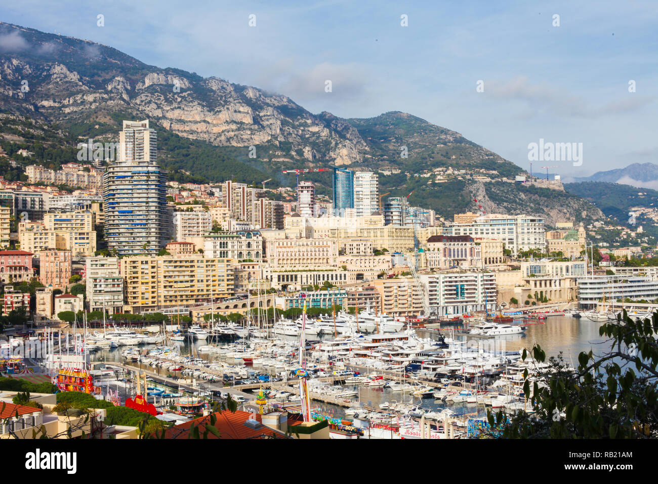 View from Le Rocher on Luxury Yachts in the Port of the Principality of Monaco, at the French Riveira. Stock Photo