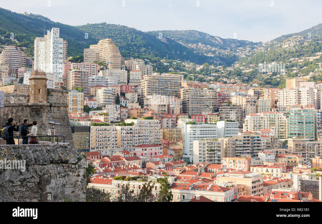 View from Le Rocher on the buildings in the center of Monaco, at the French Riveira. Stock Photo