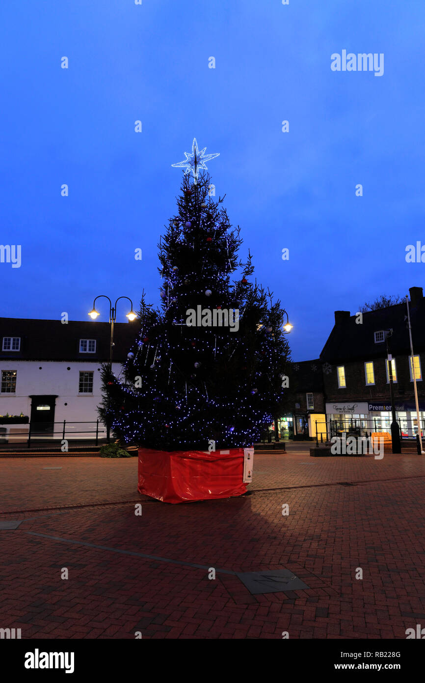 Christmas lights and tree in the Market Square, Ely City