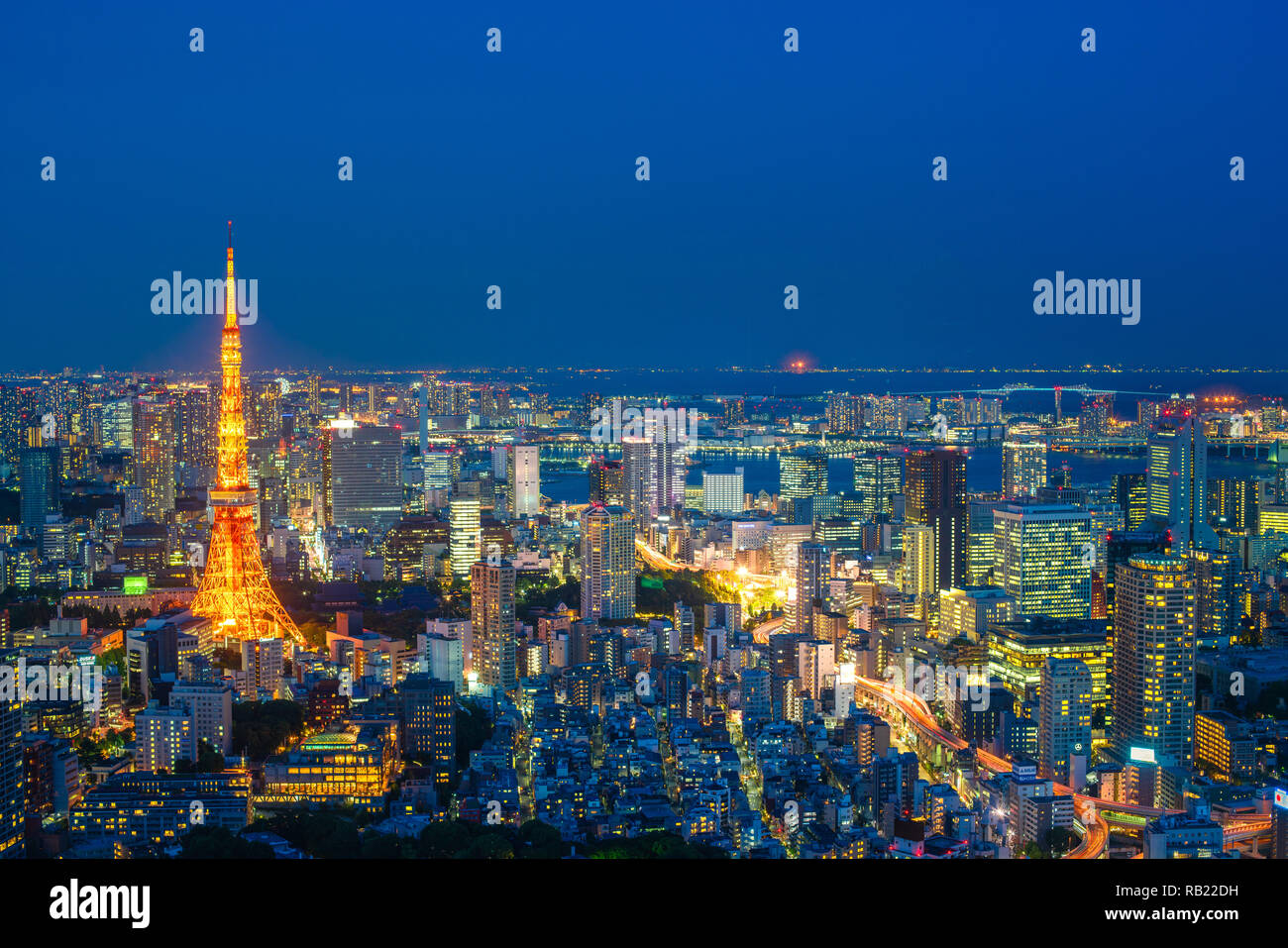 Tokyo tower night time, wide angle view, Japan. Stock Photo