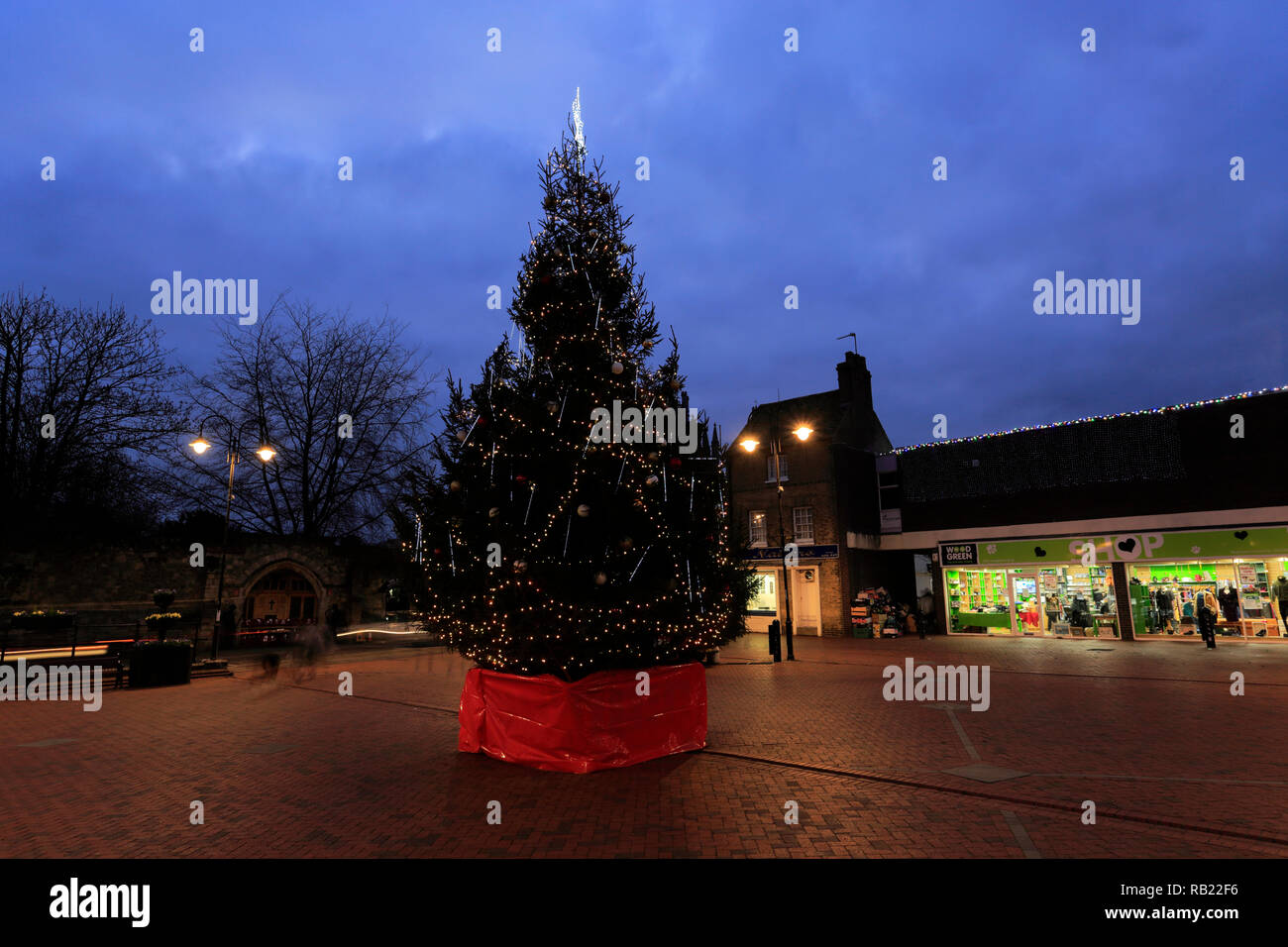 Christmas lights and tree in the Market Square, Ely City