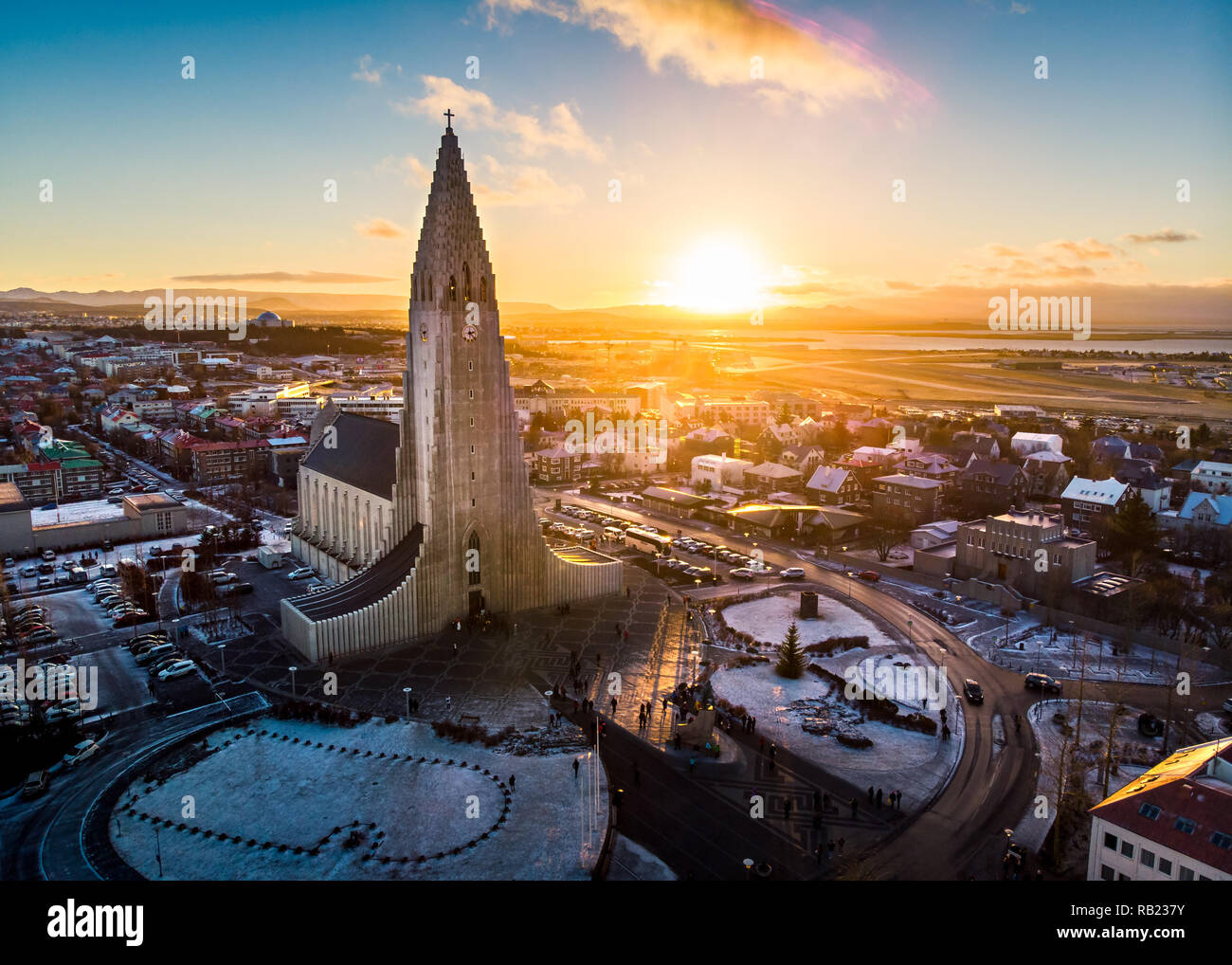 Hallgrimskirkja church and Reykjavik cityscape in Iceland aerial view Stock Photo