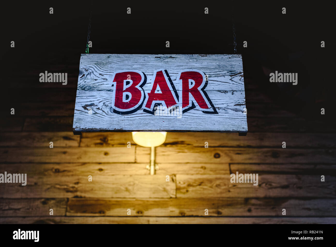 Poster with the word BAR in wood Stock Photo Alamy