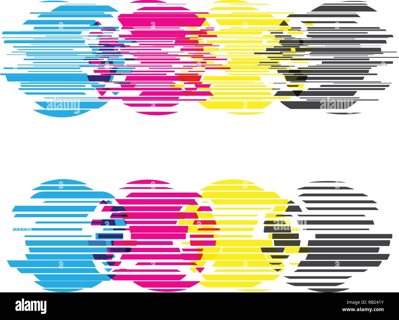 CMYK circles with glitch effects. Vector illustration on white Stock Vector