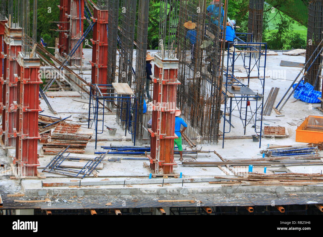 worker construction team working on high ground building commercial in ...