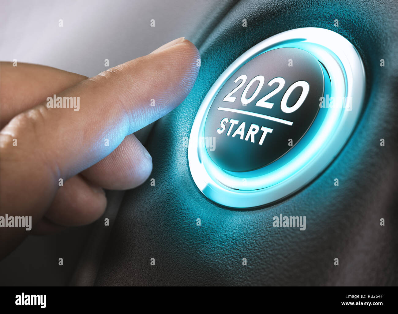 Finger about to press a car ignition button with the text 2020 start. Year two thousand and twenty concept. Stock Photo