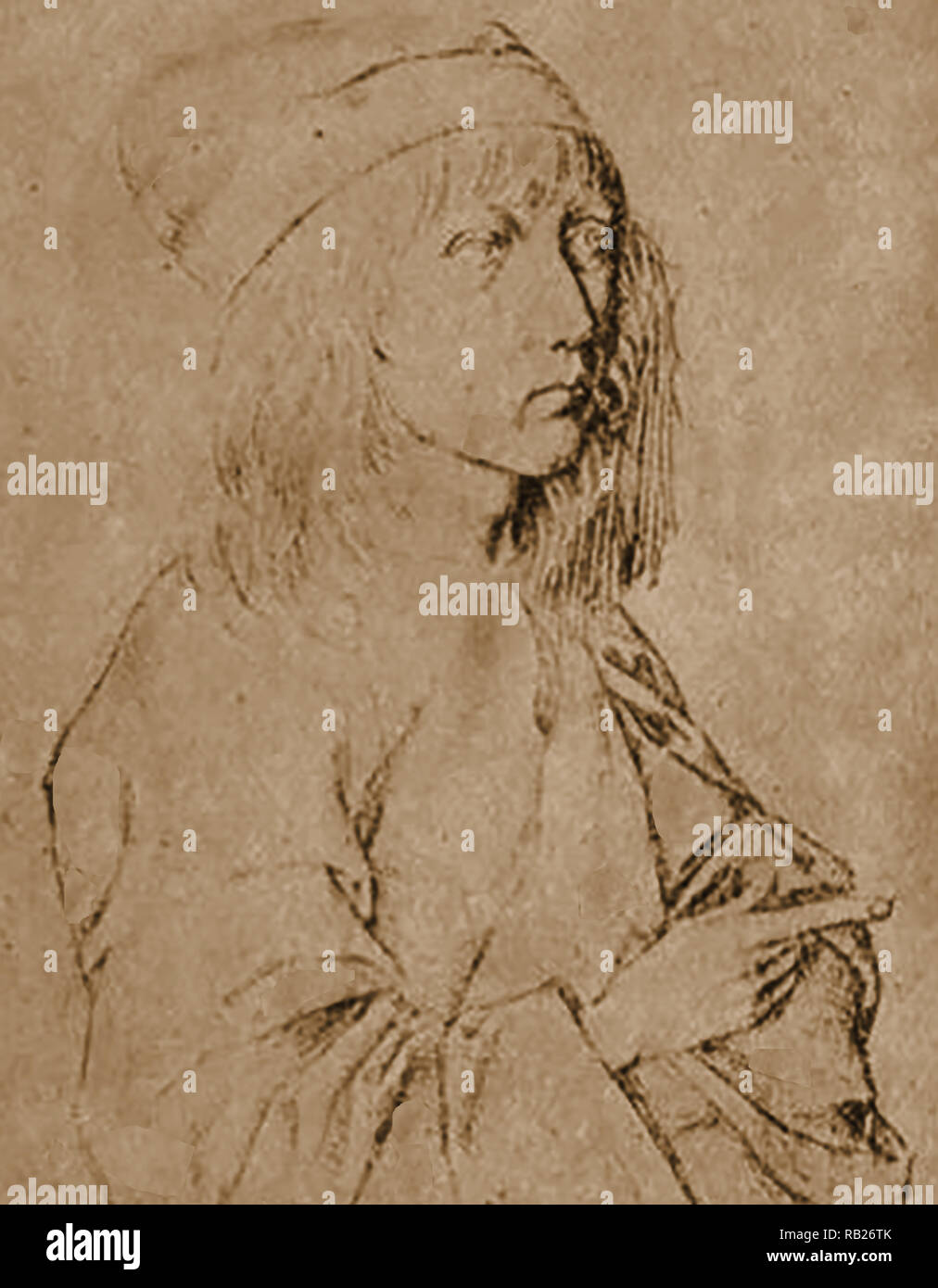 Self-portrait silverpoint drawing by the thirteen-year-old teenage Albrecht  Dürer, (1471 – 1528), German painter, author, woodcut printmaker, engraver and theorist. The picture was drawn in 1484 Stock Photo