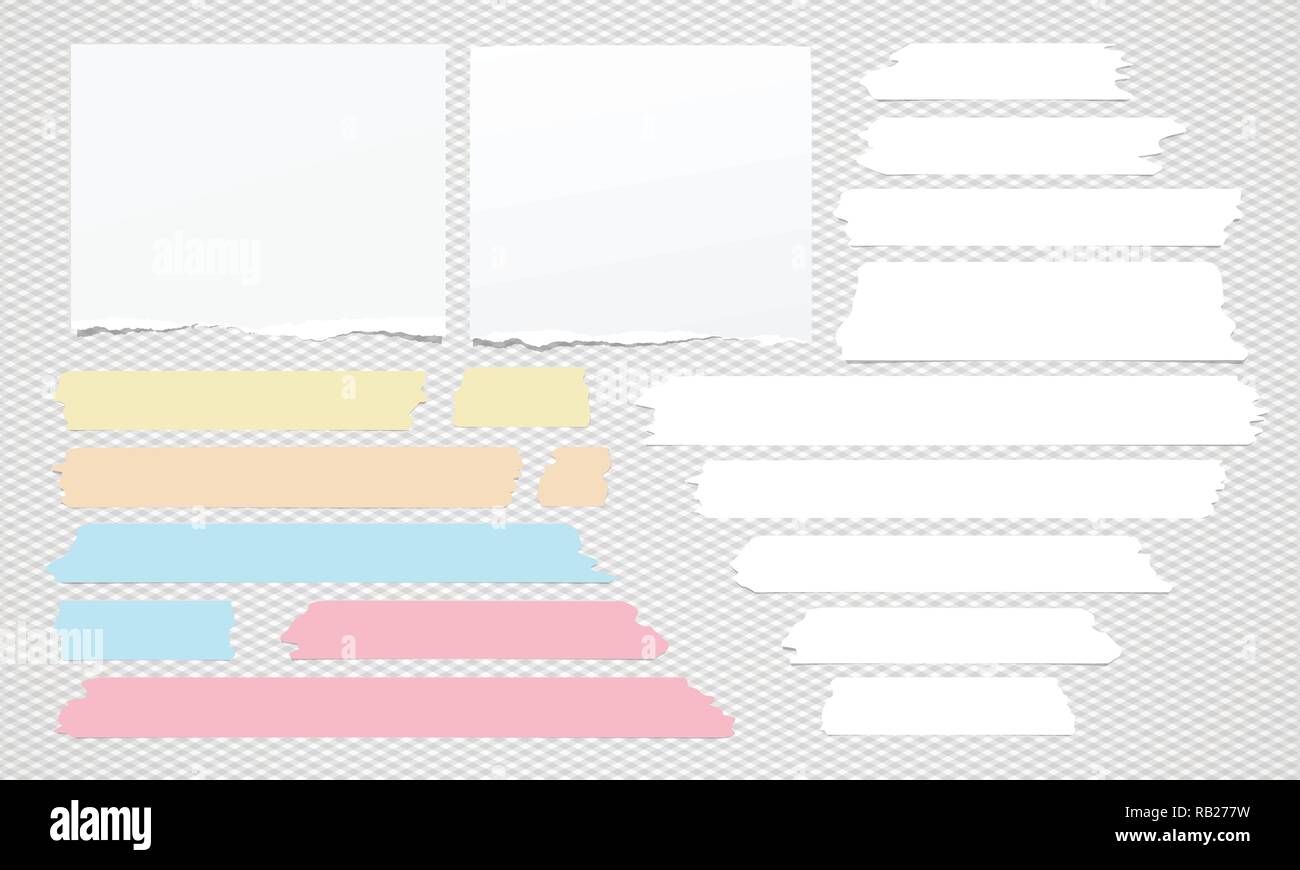 Set of white ripped note, notebook paper, torn sticky tape on grey ...