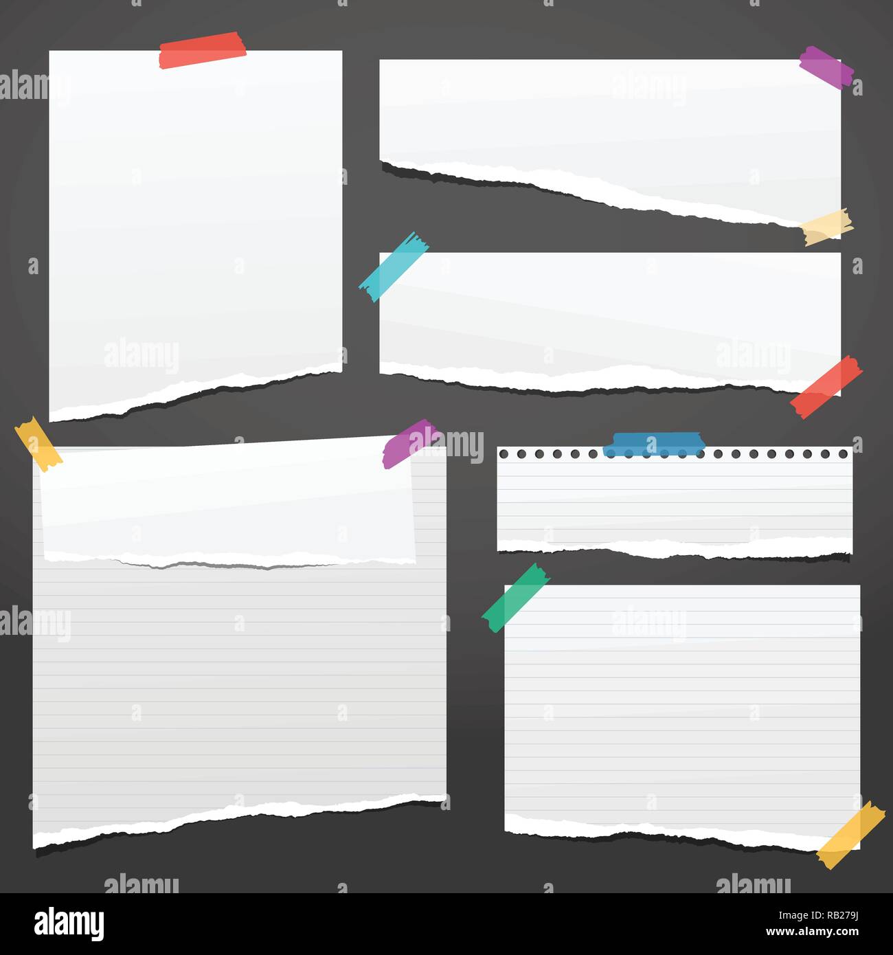 Set of white ripped notebook paper, torn note paper strips stuck with ...