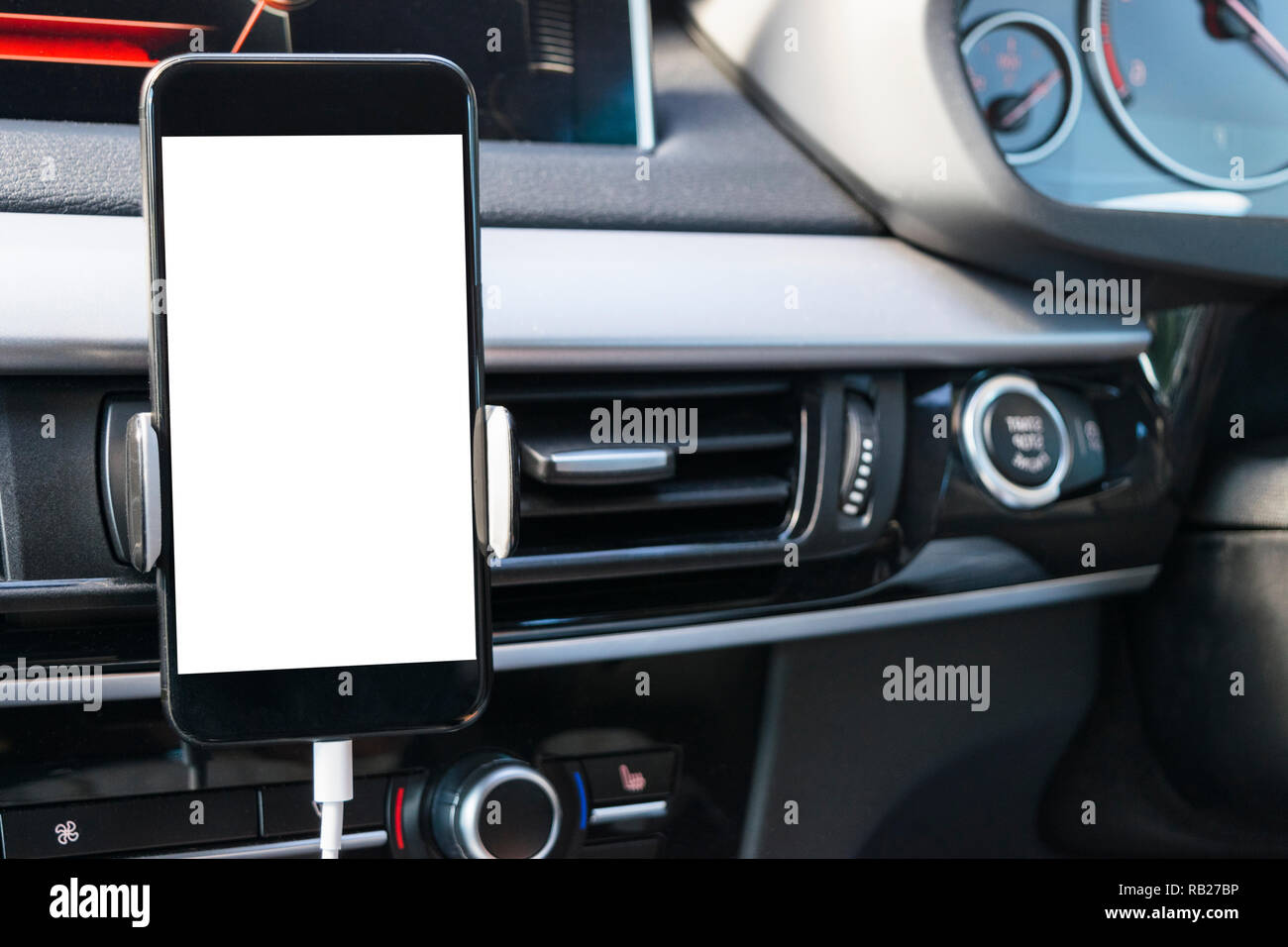 Smartphone in a car use for Navigate or GPS. Driving a car with